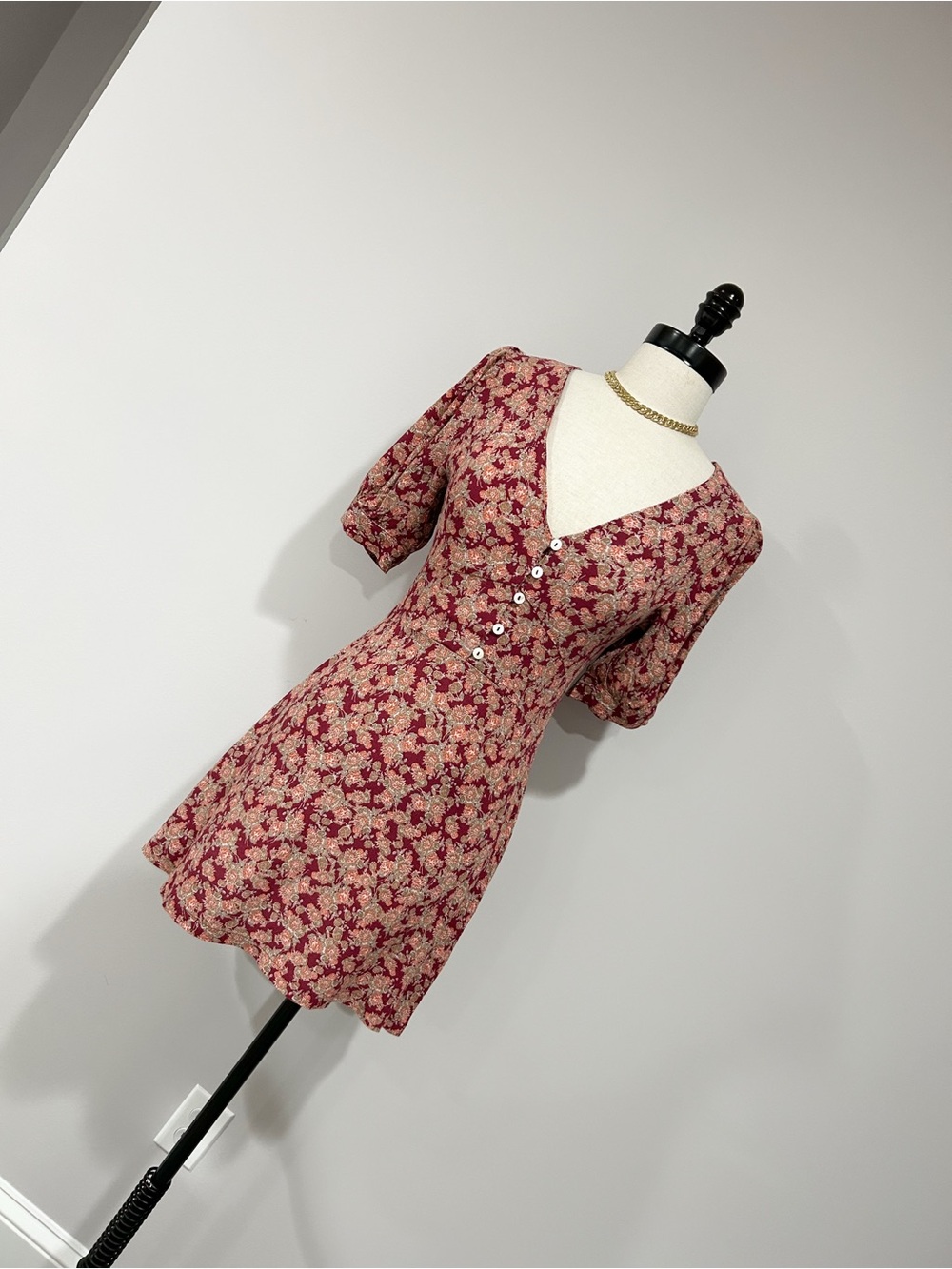 Free People Burgundy Floral Button-Front Mini Dress